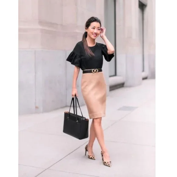 Vintage Danier Suede Leather Camel Tan High Rise Mini Midi Preppy Pencil Skirt - Picture 12 of 14